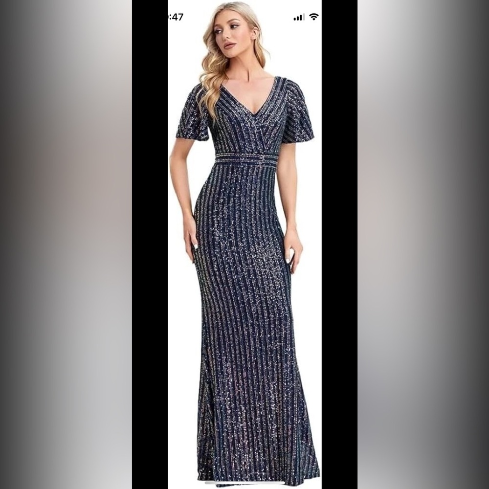 NWT XUCTHHC Navy Blue Multi Sequin Short Sleeve Fitted Formal Gown Dress - L